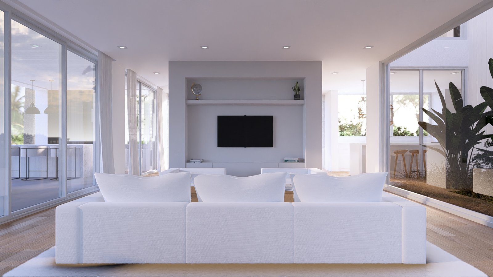 Living moderno minimalista con sofá blanco y grandes ventanales — proyecto Casa JC, por Hermann Arquitectos, en RP25
